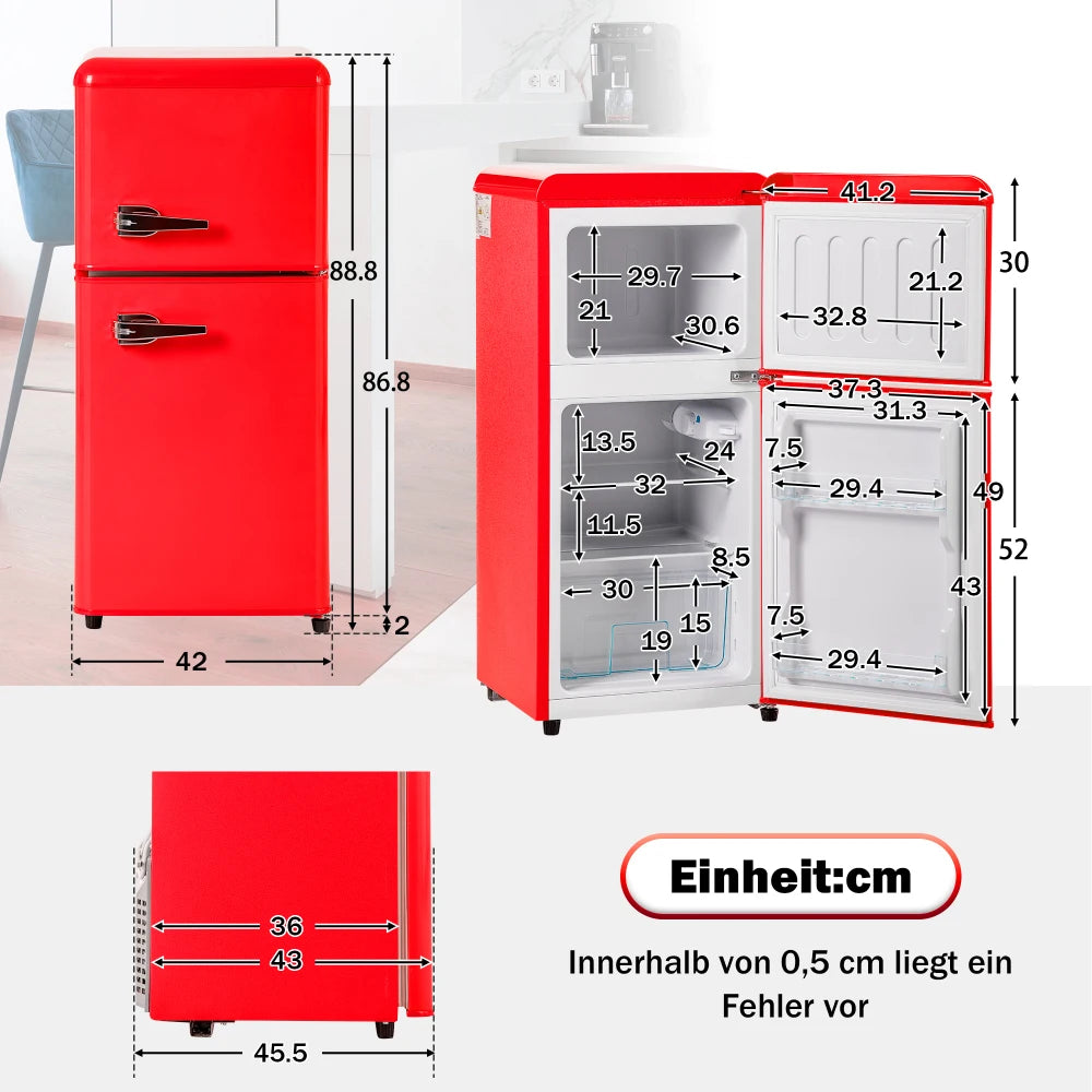 Frigorífico combi retro 45,5 cm de ancho, 2 puertas, 60 litros de volumen total, volumen de congelador 22 litros. 102 KWh/año,