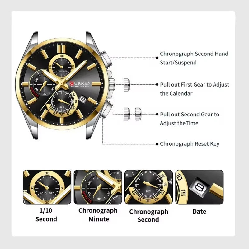 Montre tendance pour homme — calendrier, 6 aiguilles, bracelet en acier inoxydable, business