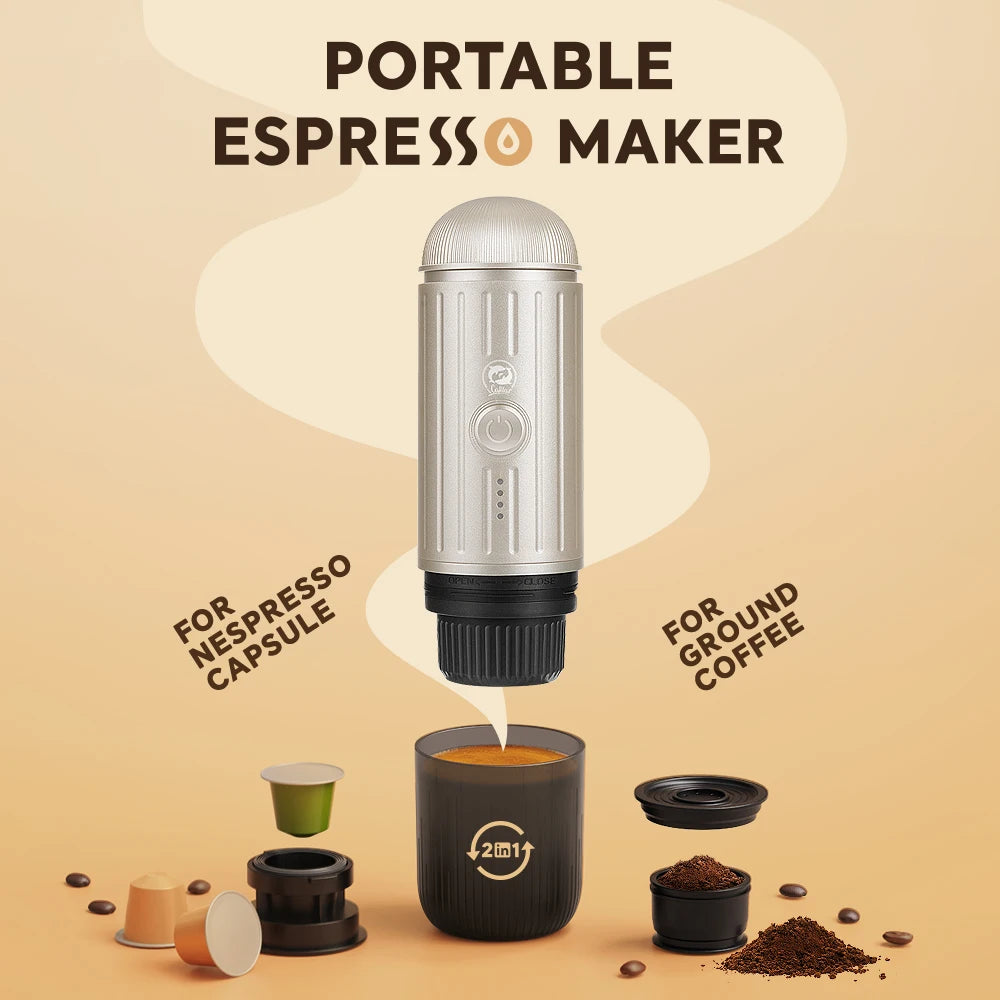Machine à café expresso portable 19 bars — chauffage automatique, compatible capsules et café moulu