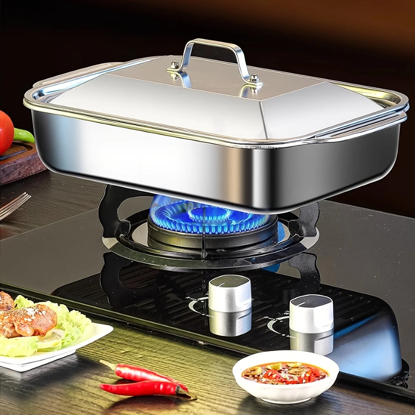 4-Piece Stainless Steel Roaster Pan Set with Lids, 16" x 9" Deep Dish for Fish/Pasta/Roasting Oven, Dishwasher-Safe Cookware, 4.2 L