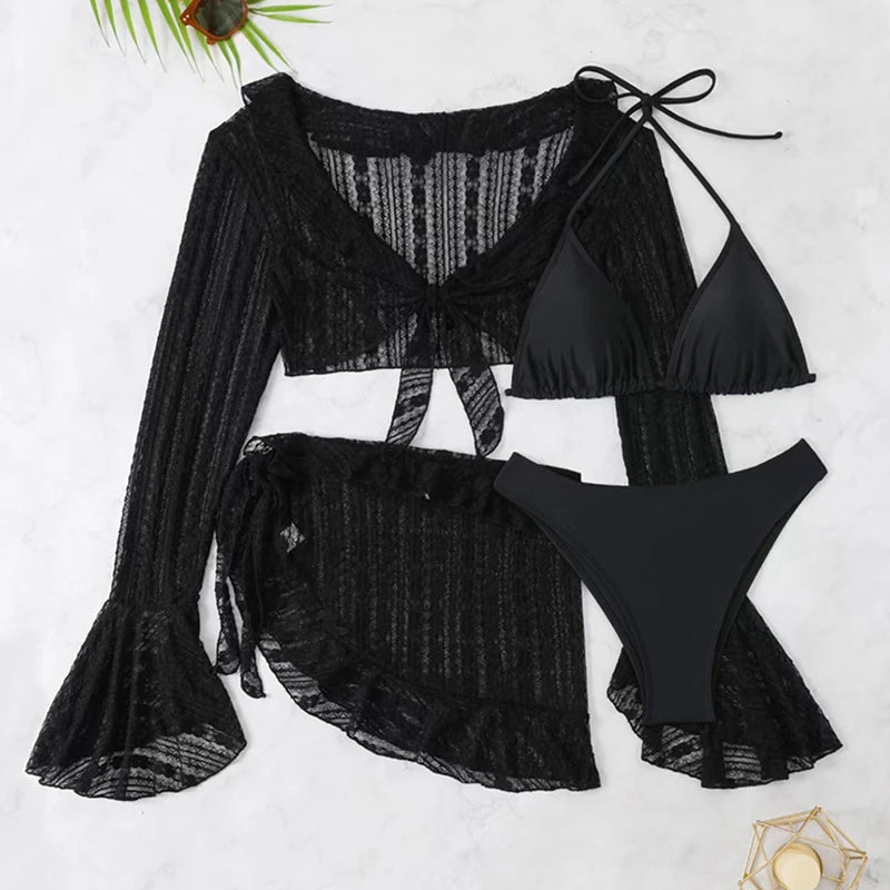 Maillot de bain sexy quatre pièces pour femme 2026, ensemble bikini uni à manches longues avec paréo, tenue de plage brésilienne pour l'été et les fêtes