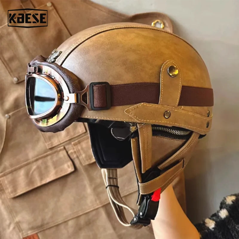 Casque Moto Demi-Visage Vintage DOT — Homme Femme Scooter Été Noir Marron