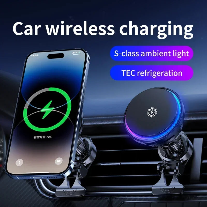 Support de chargeur de voiture magnétique sans fil à refroidissement par glace pour iPhone 16 15 14 13 12 Pro Max MagSafe – Station de charge rapide et support de téléphone pour voiture