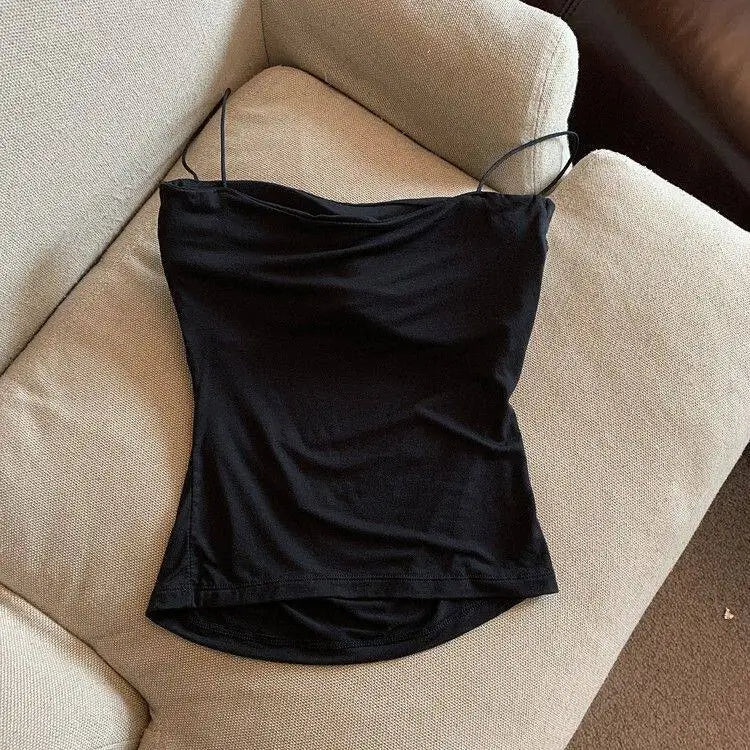 Débardeur plissé sans manches pour femme, coupe ajustée, style sexy, court, avec fines bretelles, couleur unie, simple et tendance