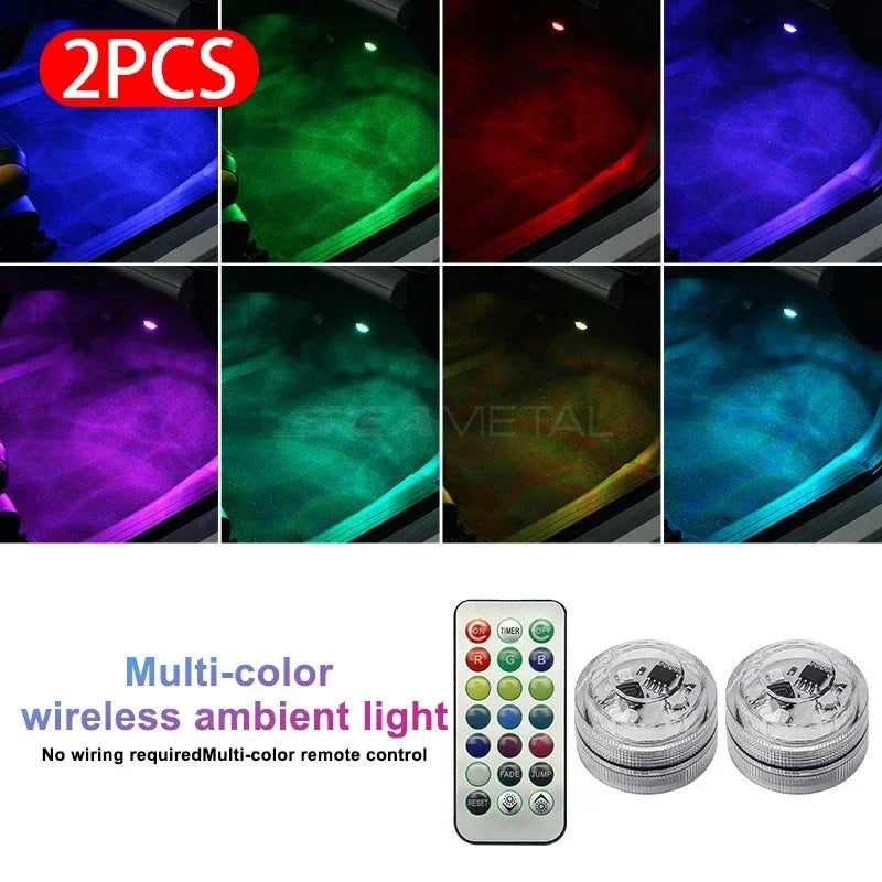 Lumière ambiante LED sans fil pour voiture — intérieur, toit, pied, atmosphère, télécommande, style diamant