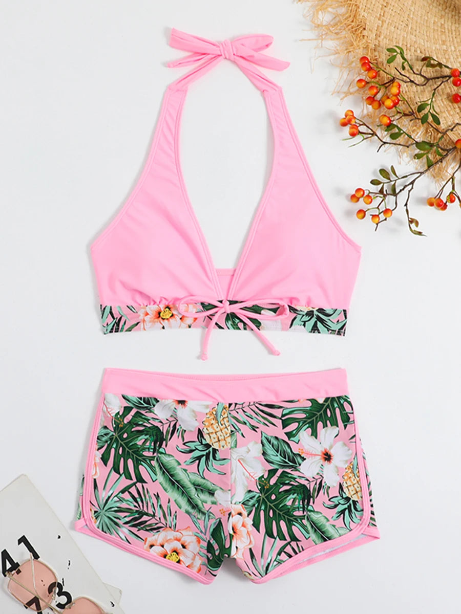 Ensemble de bikini halter 2026, maillot de bain court pour femme, maillot de bain taille haute imprimé, tenue de plage