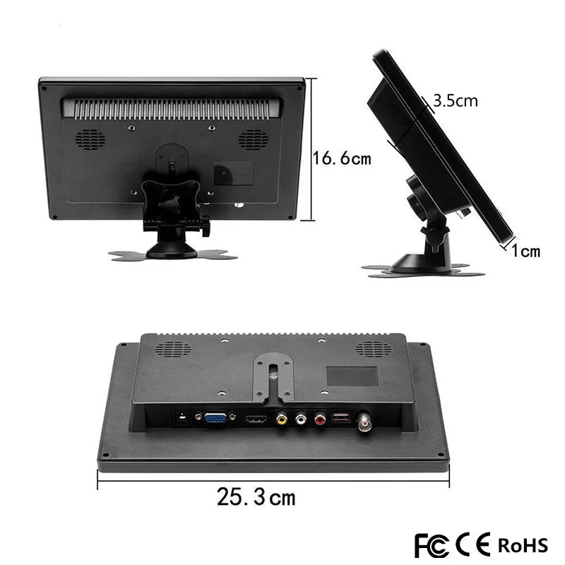 Podofo Monitor de coche LCD HD de 10.1" 1024*600, mini TV, monitor LCD de pantalla digital con HDMI/VGA/AV/USB/SD/TV/reproductor de DVD para vigilancia