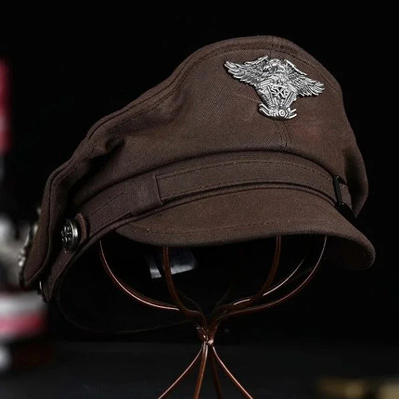 Casquette de marin rétro à visière de la marine pour hommes et femmes, chapeau militaire de printemps en toile, ceinture d'aigle grise, Casquette de Locomotive, 2024