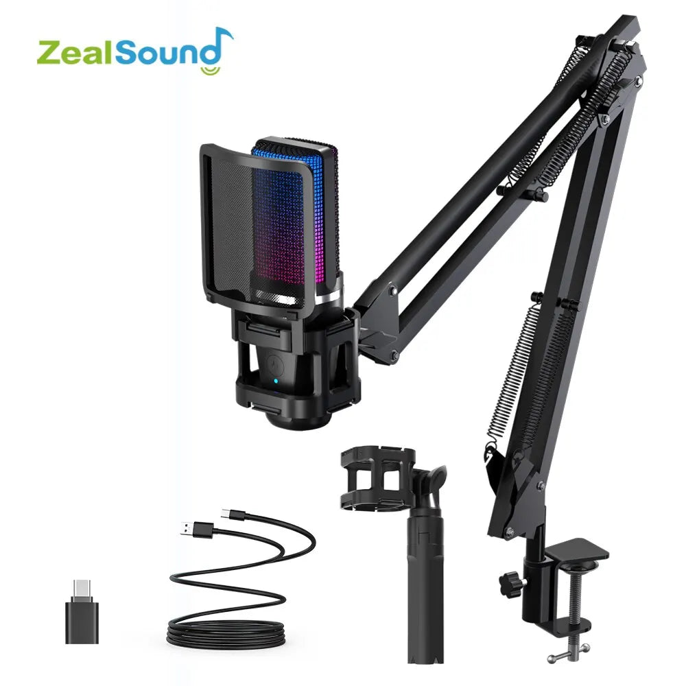 Zealsound – Microphone USB à condensateur RGB avec bras articulé pour gaming, podcast et YouTube