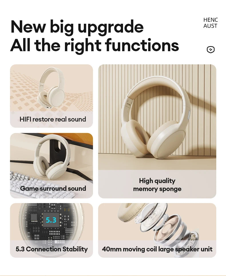 Casque Bluetooth HiFi stéréo sans fil — sport, micro, pliable, faible latence, jeu
