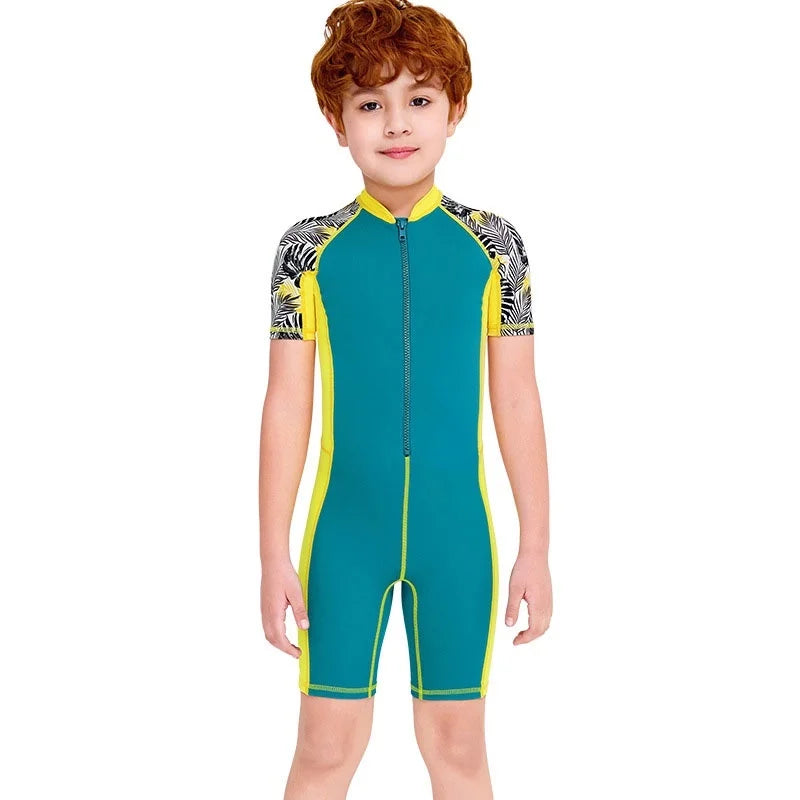 Maillots de bain une pièce pour enfants, maillot de bain pour garçons, manches longues, Protection solaire (y compris les bonnets de bain)
