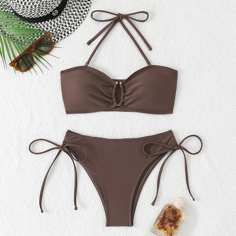 Maillot de bain bikini taille haute pour femme 2026, maillots de bain noués, maillots de bain femme, bandeau push-up, ensembles de bikinis, vêtements de plage brésiliens