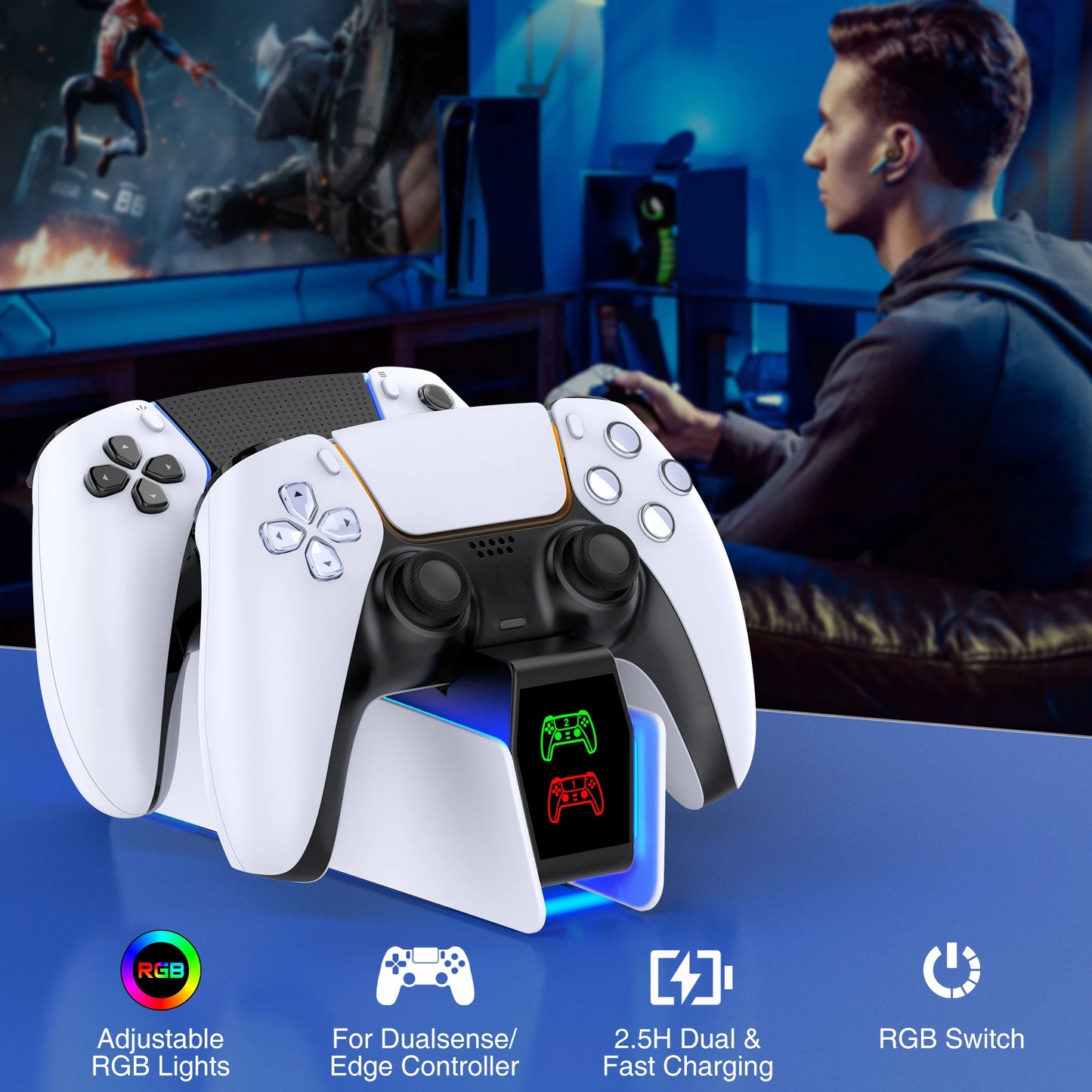 RGB Controller Charging Station for PS5, Dual Fast Charger, RGB Indicator, Charging Stand, Charging Dock for PS5 Game Controller