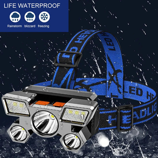 Lampe frontale portable rechargeable USB — 5 LED, batterie intégrée, pêche, camping, travail