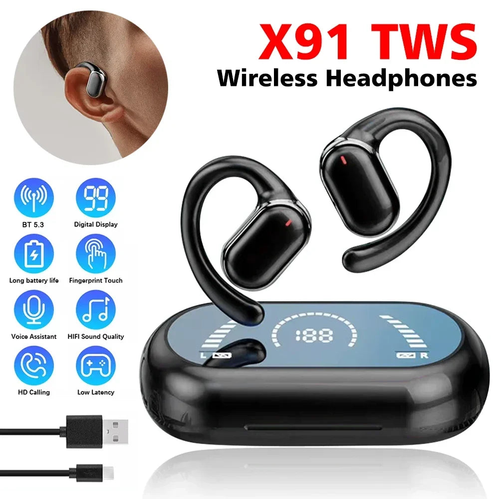 X91 OWS Bluetooth 5.3 Ear Hook Earbuds Low Latency Gaming Sport Headset HiFi Stereo Noise Reduction Headphones