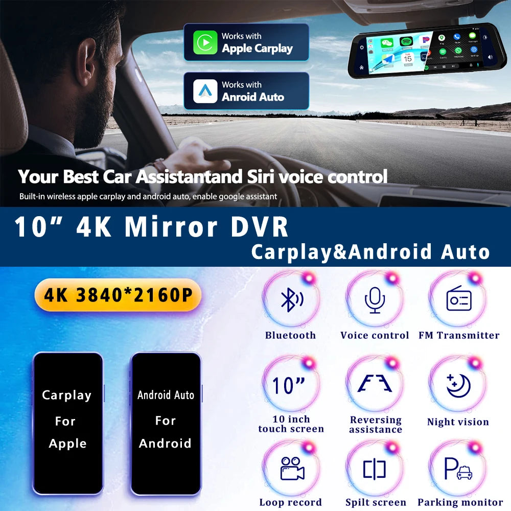 Dashcam 10" 4K GPS 5G WiFi — Rétroviseur Flux AUX Enregistreur FM