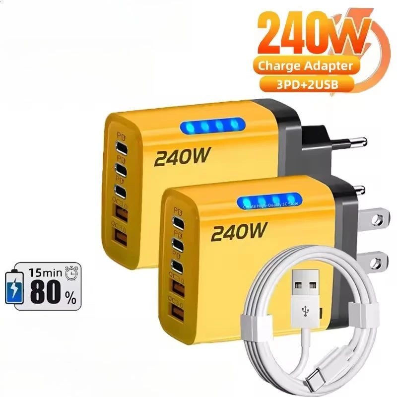 Chargeur de téléphone GaN 5 en 1 240W, adaptateur de charge rapide 10A, câble USB vers Type C, 3 ports PD, 2 ports USB, pour iPhone 16 15 Pro, Xiaomi