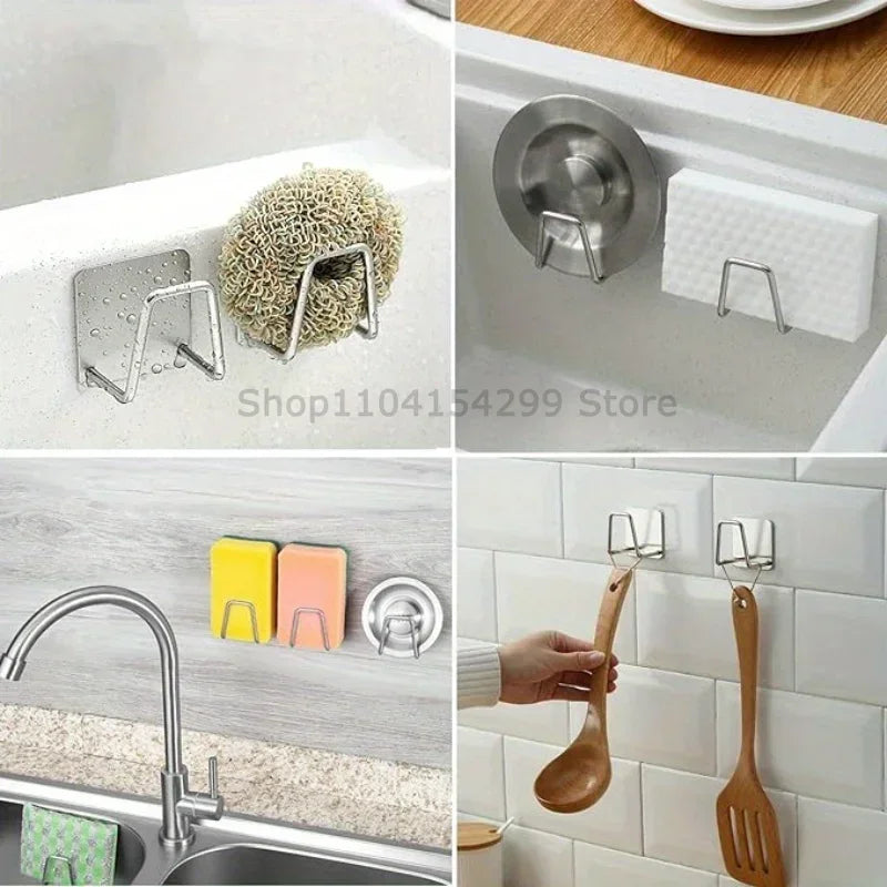 Soporte de esponjas de cocina de acero inoxidable, escurridor de esponjas para fregadero, estante de almacenamiento autoadhesivo, ganchos de pared, organizador de cocina