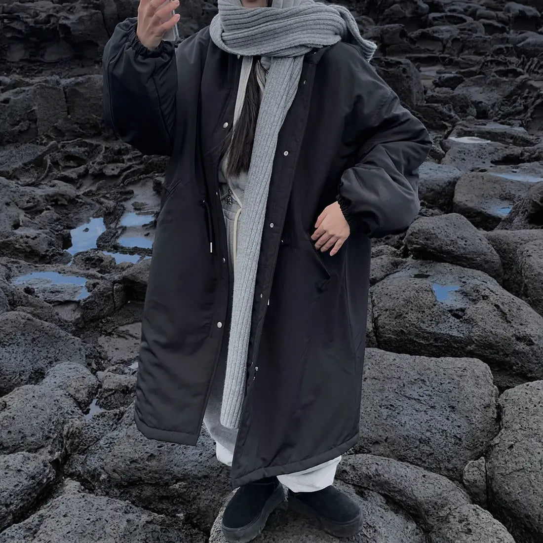Manteau long chic en coton pour femme, chaud, style coréen, coupe ample, avec cordon de serrage, idéal pour le travail et les trajets quotidiens
