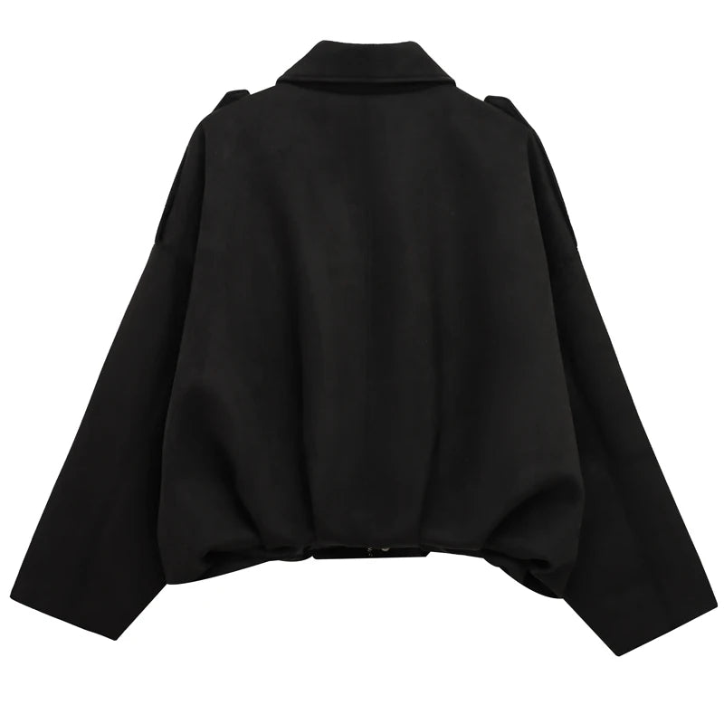 Veste bomber femme en daim — revers, fermeture éclair, manches longues, recadrée, 2025