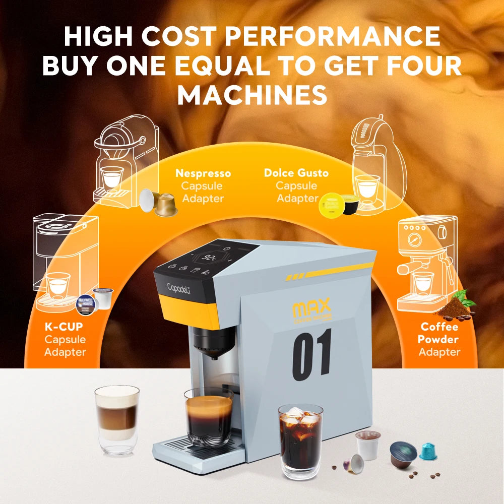 4-in-1 espresso machine compatible with K Cup pods, Nes Original, DG Capsules, and ground coffee