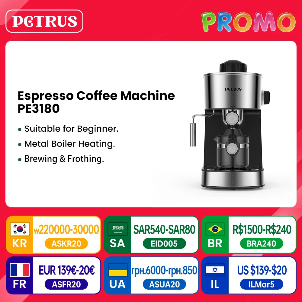 Cafetera Petrus Cafetera espresso con sistema de leche fantasia Espumador de leche (220 V)