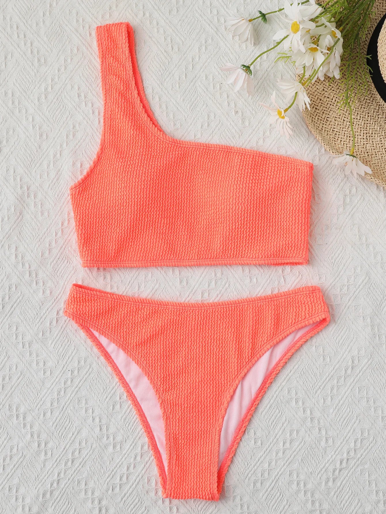 Une épaule Bikini texturé maillots de bain coupe haute maillot de bain solide maillot de bain femmes brésilien 2025 mode