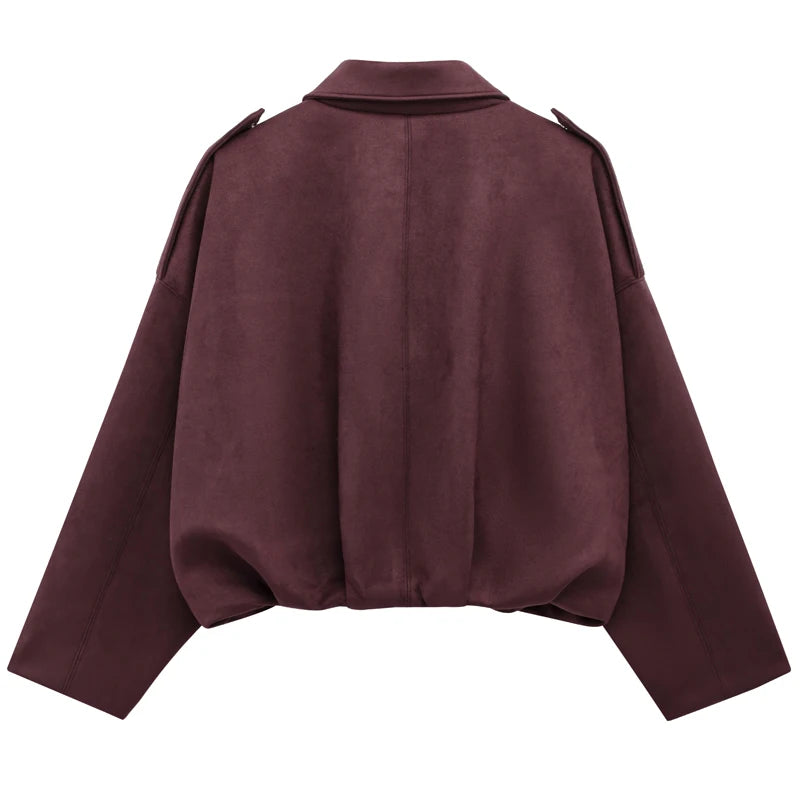 Veste bomber femme en daim — revers, fermeture éclair, manches longues, recadrée, 2025