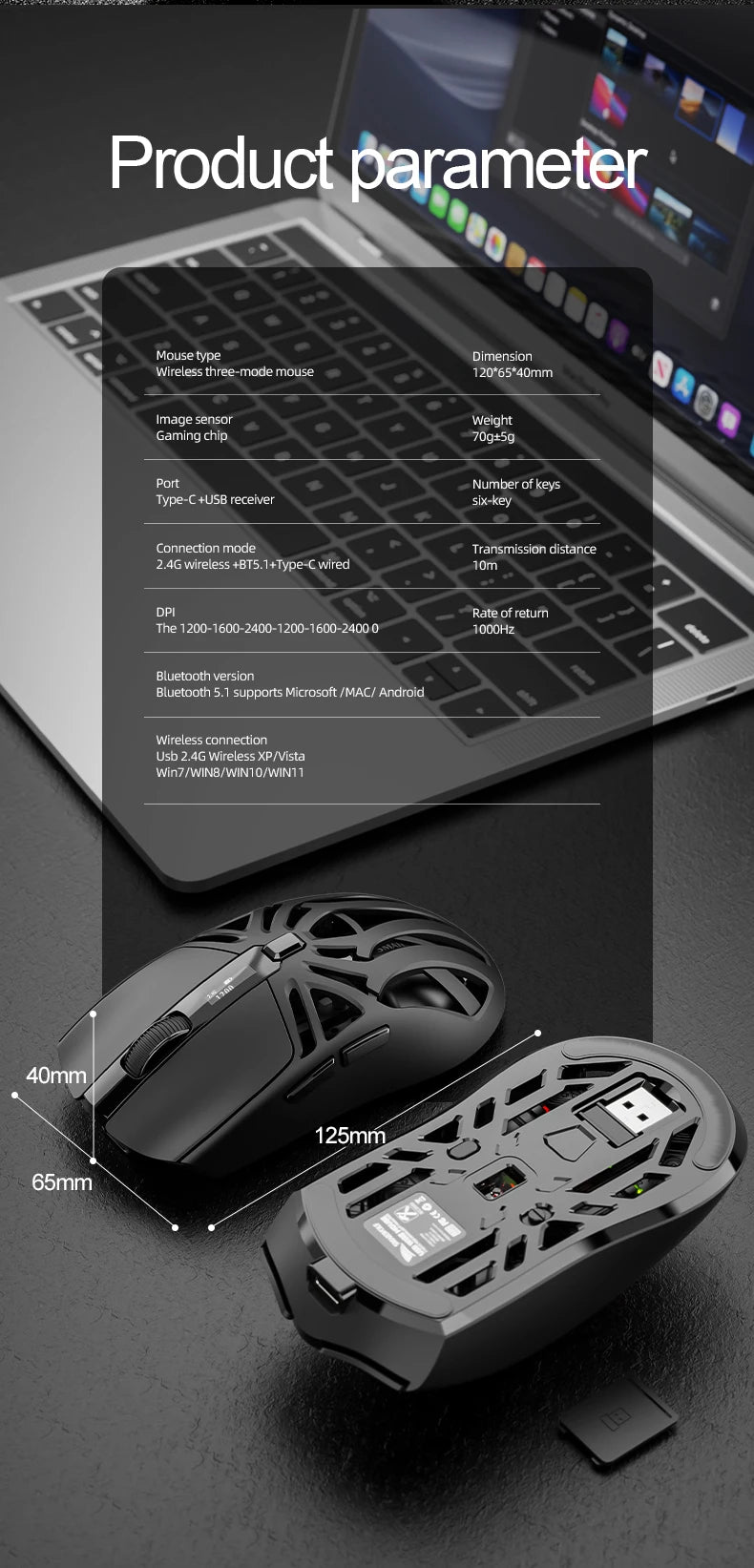 SmailWolf RS8 Bluetooth sans fil 2.4g souris de jeu triple mode léger e-sports jeu 1K taux de retour 10000DPI ordinateur