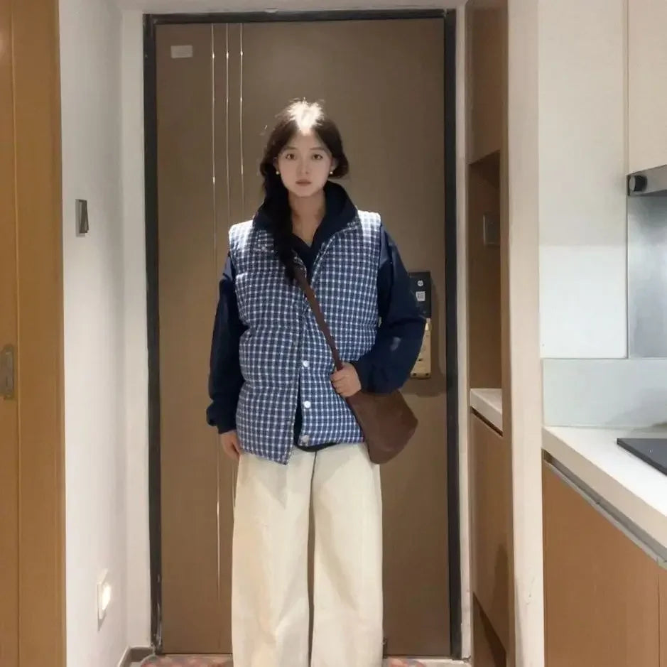 Gilet rembourré en coton pour femmes bleu — style coréen, mode 2025, isolé, demi-saison, chaud, tendance