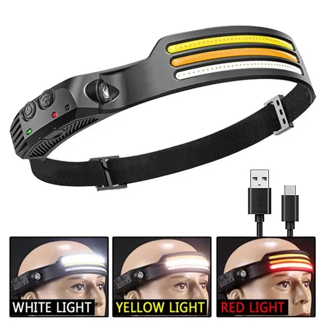 Lampe frontale de sauna à induction LED COB, batterie intégrée, lampe de poche aste USB, capteur de pêche, camping en plein air