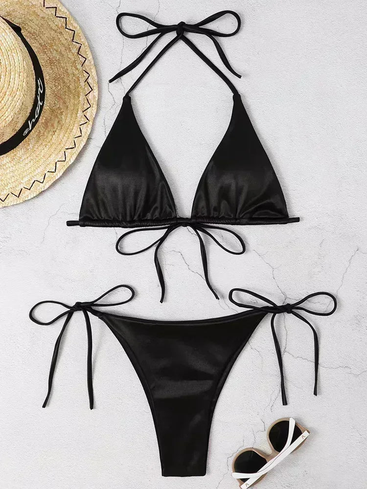 Licou brésilien métallique Satin Bikini femmes maillots de bain femme maillot de bain deux pièces Bikini ensemble coupe haute maillot de bain maillots de bain