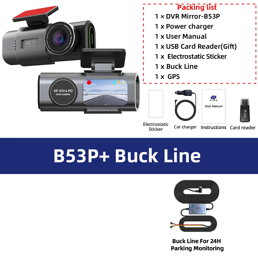 4K Dash Cam GPS WIFI APP 24H Night Vision Optional Rear Mini Lens Car Dashcam DVR Video Recorder Car Camera Black Box