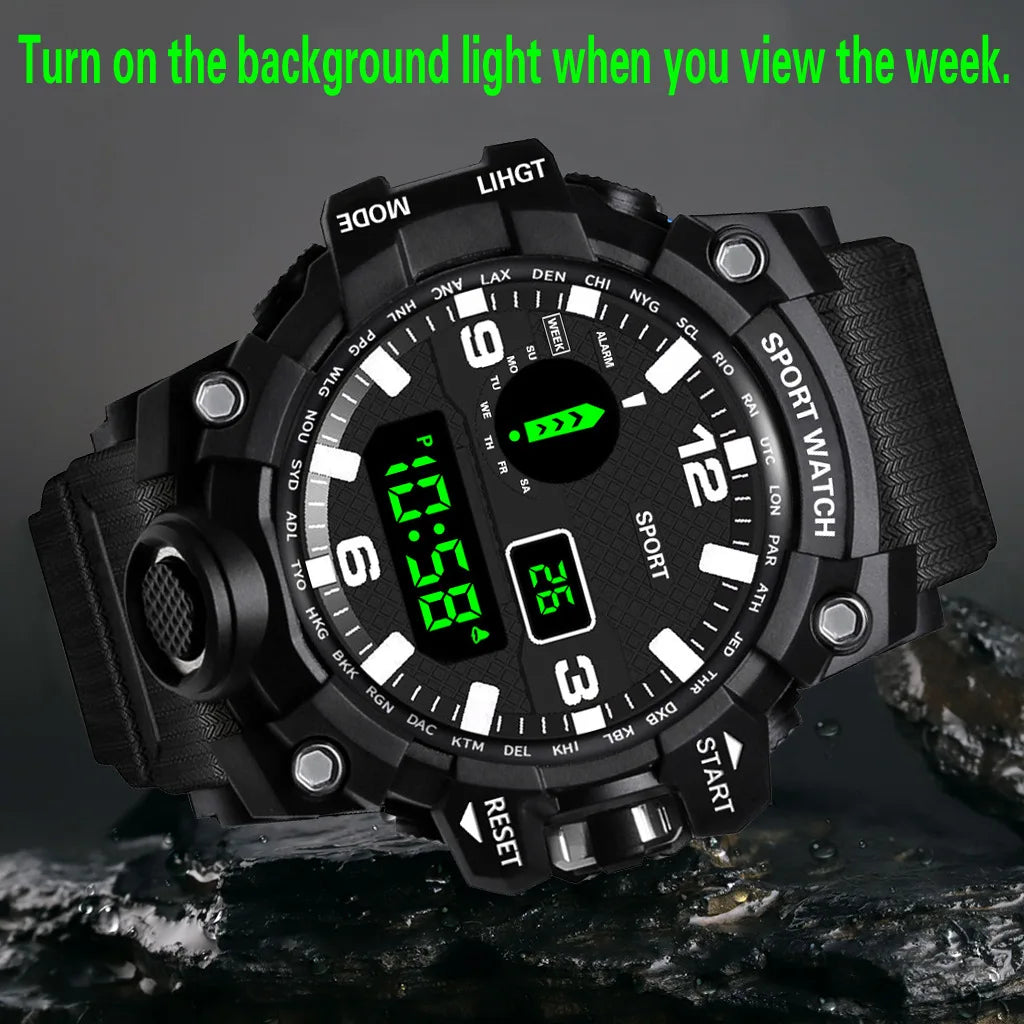Montre pour hommes de mode sport montre-bracelet électronique grand cadran multifonctionnel étanche alarme lumineuse enfants montre militaire pour hommes