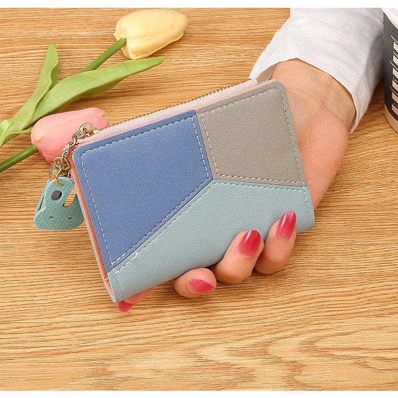 Monedero de mujer, cartera con cremallera, monedero corto para mujer, bolso de mano, cartera de cuero patchwork para mujer, tarjetero, cartera para teléfono