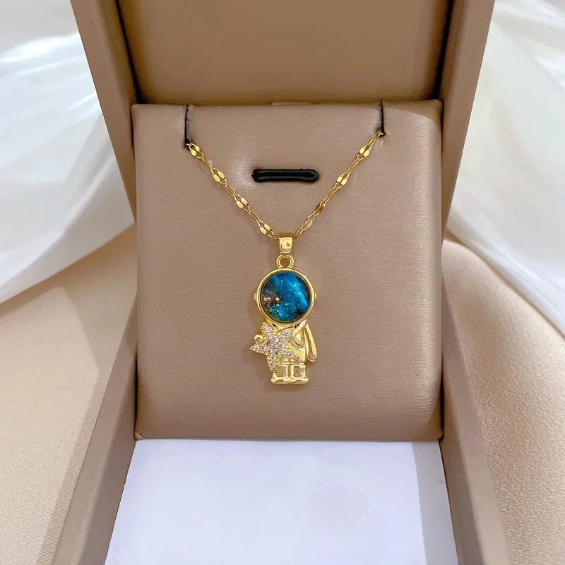 ZAKOL Spaceman astronauta estrella collares para mujeres niñas color oro planeta luna colgante cadena de clavícula gargantilla joyas regalos