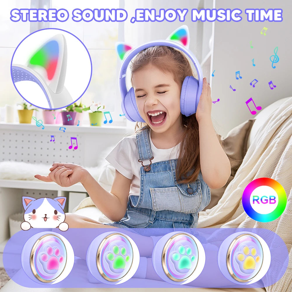 RGB Cat Ear Wireless Headphones for PC, Cute 3D Space Capsule Bluetooth Headset, Foldable Gaming Headphone, Gifts for Kids Girls