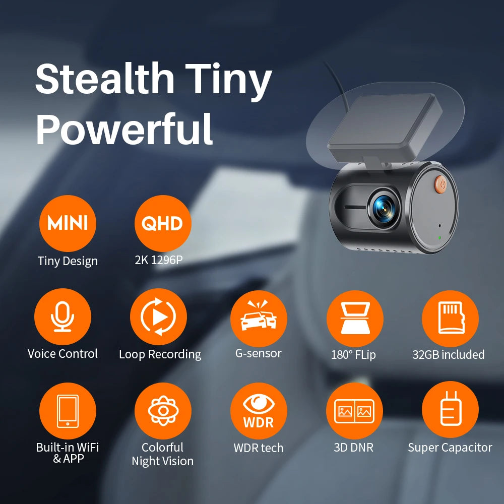Dashcam MINI 2K WiFi — commande vocale, vision nocturne, enregistreur vidéo voiture, 2025