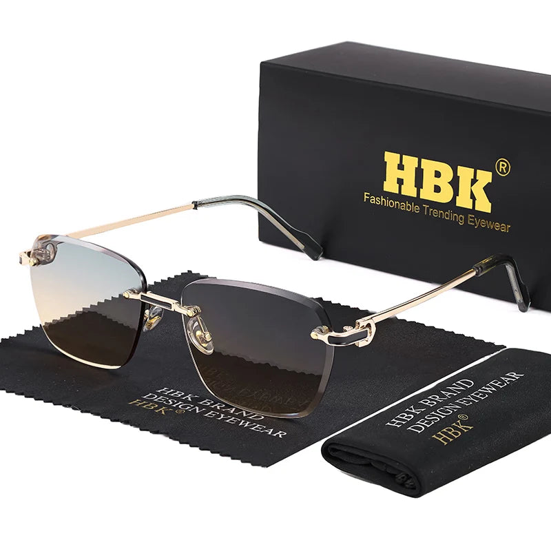 HBK Nueva montura sin montura Gafas de sol Hombre Gafas de sol degradadas Mujer Retro Negocios Compras UV400 Gafas de sol Hombre