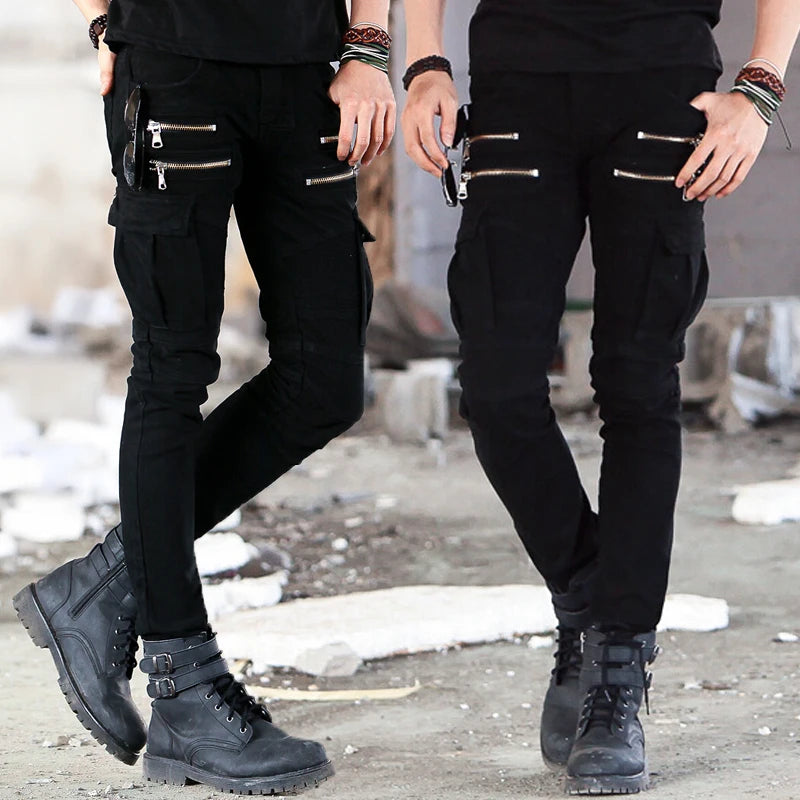 Men's Green Denim Biker Jeans, Slim Fit, Elasticated, Hip Hop, Military, Motorcycle, Cargo, New Track, DistMurcia