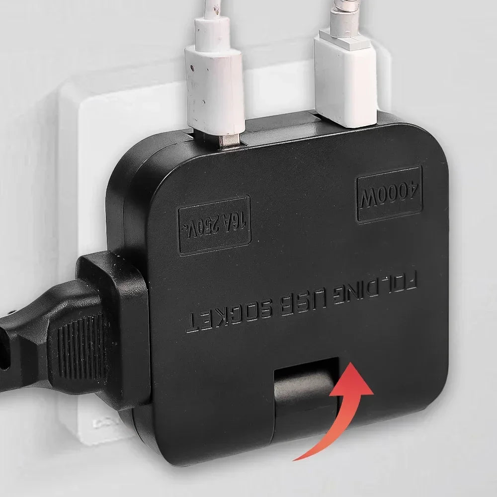 Convertidor de enchufe de la UE 4 en 1 de 180° Enchufe giratorio para carga de teléfono móvil, 2 USB y 2 tomas de corriente CA universales, adaptador de corriente