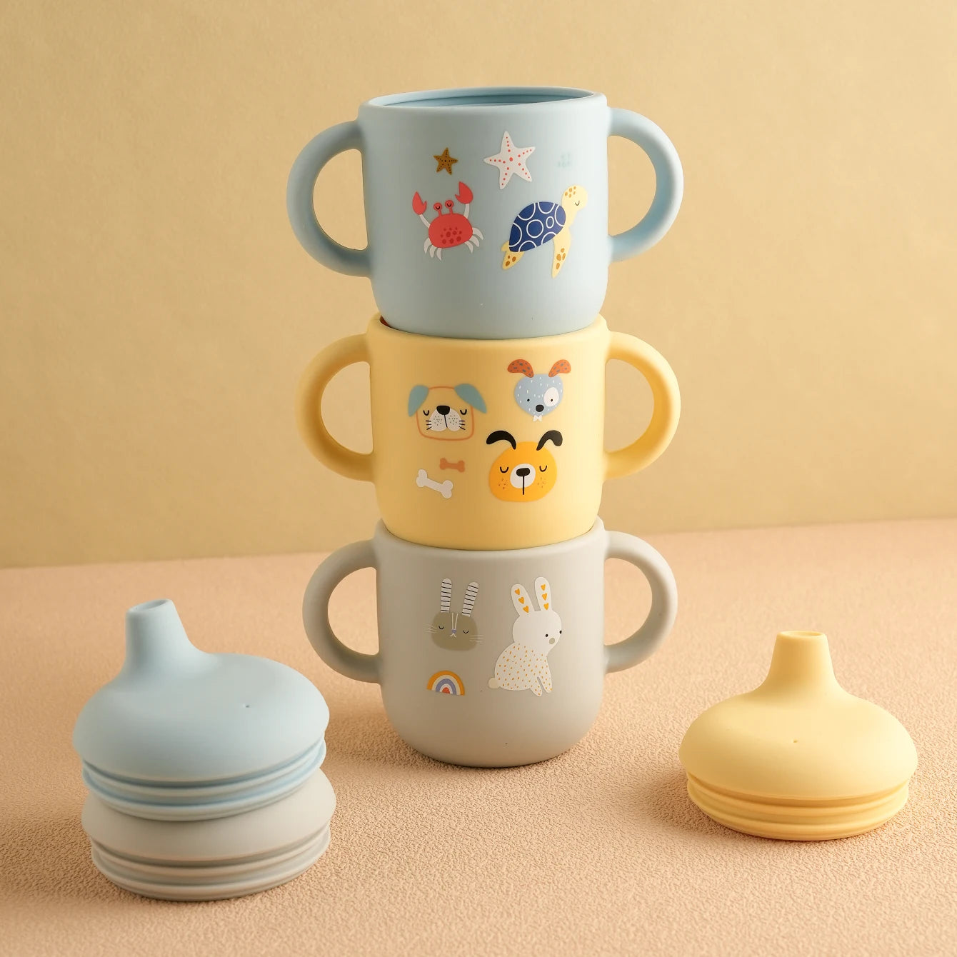 Tasse d'alimentation en Silicone pour bébé, 1 pièce, dessin animé, sans BPA, anti-fuite, tasse d'entraînement avec poignée, pour voyage, lavable au lave-vaisselle, articles pour bébé