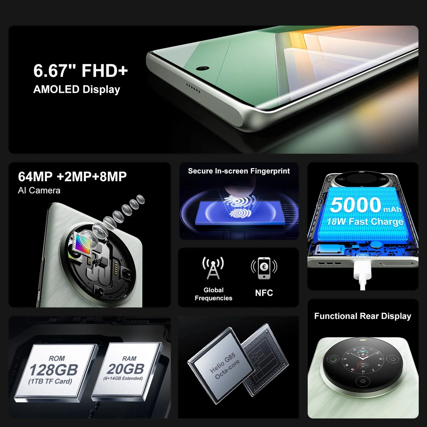 [Estreno mundial] Smartphone FOSSiBOT S3 PRO Pantalla AMOLED de 6,67" Android 14 Hasta 20 + 128 GB Móvil 8 + 64 MP CAM NFC Teléfono móvil