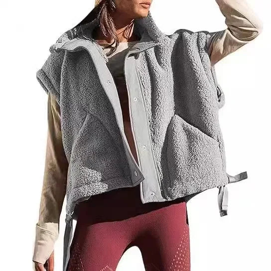 Gilet polaire pelucheux pour femme, surdimensionné, sans manches, Sherpa, chaud, boutonné, vêtements d'extérieur avec poches