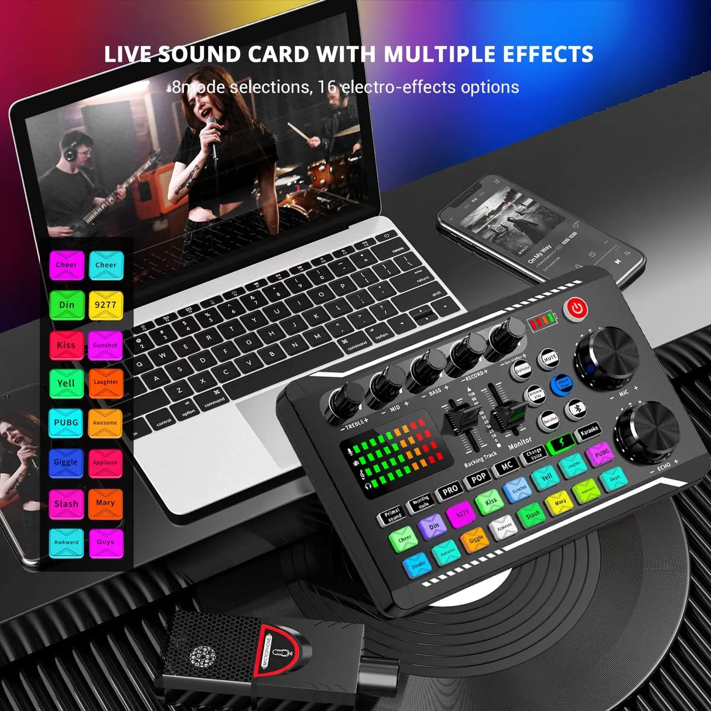 F998 — Kit Studio Podcast Complet Carte Son, Microphone & Mélangeur