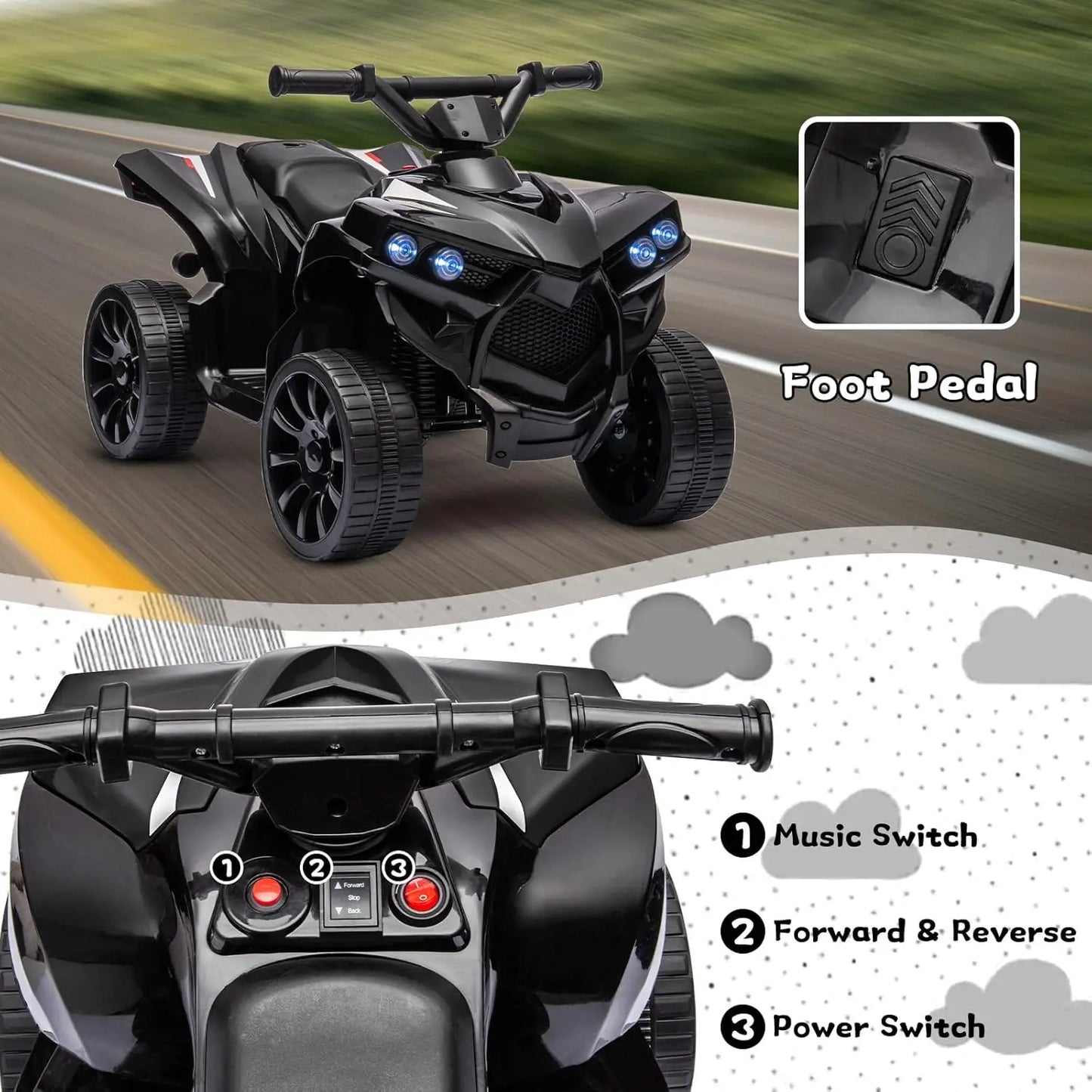 6V Ride-On Toy, Kids 4-Wheeler ATV with Max 1.8 MPH, Wear-Resistant Wheels, Music, and Foot Pedal, Electric Quad Car for Kids