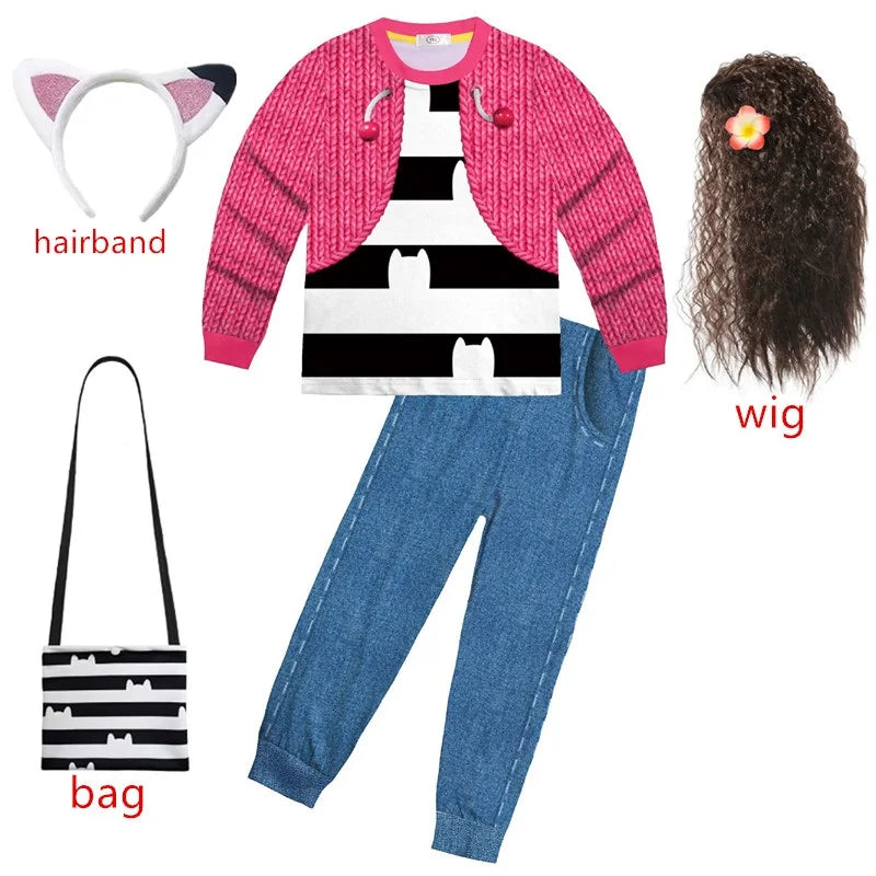 Gabbys D-Dolhouse disfraz para niños peluca conjunto de pijama Gabby Cat niñas camiseta de manga larga + pantalón diadema conjunto de trajes de Halloween para niños