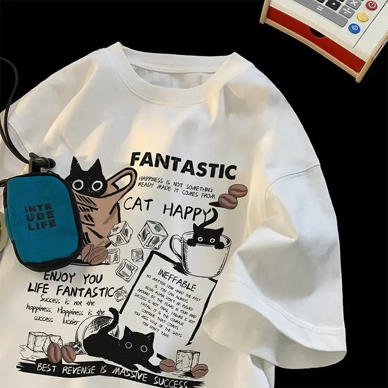Men's and women's short-sleeved T-shirt, oversized Korean version cartoon cat group print, casual, couples, new
