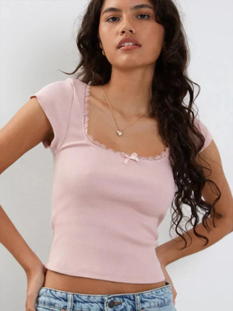 Y2K Vintage Baby T-Shirt Cottagecore Lace Trim Knitted T-Shirt Summer Square Neck Short Sleeve T-Shirt Women White Milkmaid Crop Top