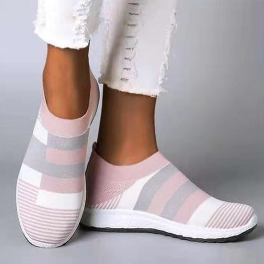 Women's Knitted Flat Sneakers with Color Mix, New Collection Vulcanized Casual Shoes
